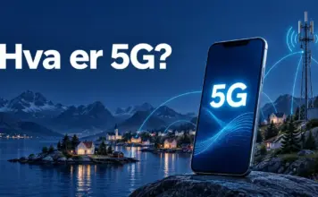 Hva er 5G? Illustrasjon med teksten «Hva er 5G?», en mobiltelefon med 5G på skjermen og en mobilmast som sender signaler over et norsk kystlandskap.