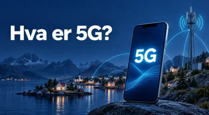 Hva er 5G? Illustrasjon med teksten «Hva er 5G?», en mobiltelefon med 5G på skjermen og en mobilmast som sender signaler over et norsk kystlandskap.