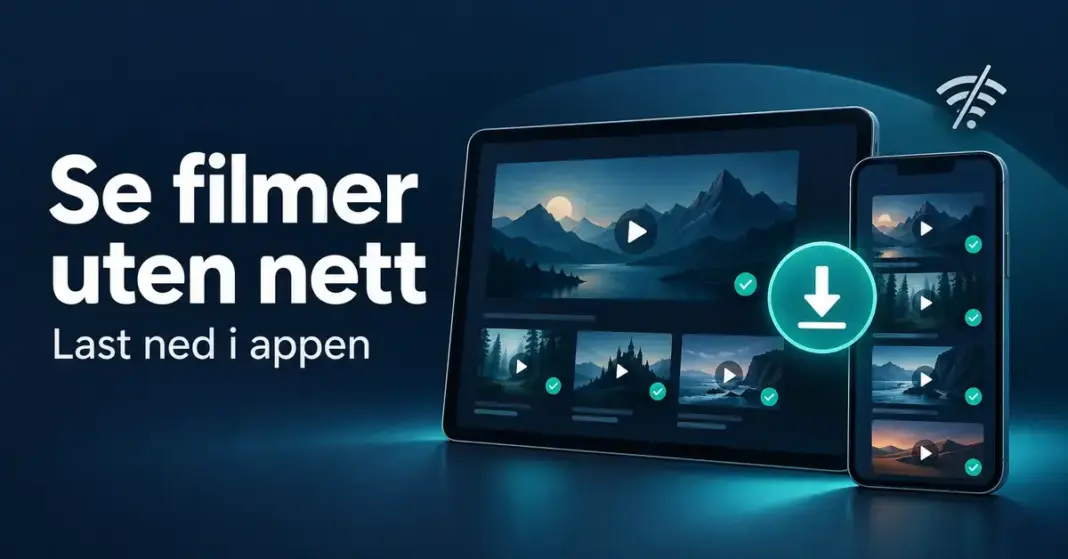 Slik laster du ned filmer og serier fra Disney+ for offline-visning Illustrasjon av et nettbrett og en mobil med nedlastede filmer, et nedlastingssymbol og teksten «Se filmer uten nett – Last ned i appen».