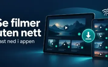 Slik laster du ned filmer og serier fra Disney+ for offline-visning Illustrasjon av et nettbrett og en mobil med nedlastede filmer, et nedlastingssymbol og teksten «Se filmer uten nett – Last ned i appen».