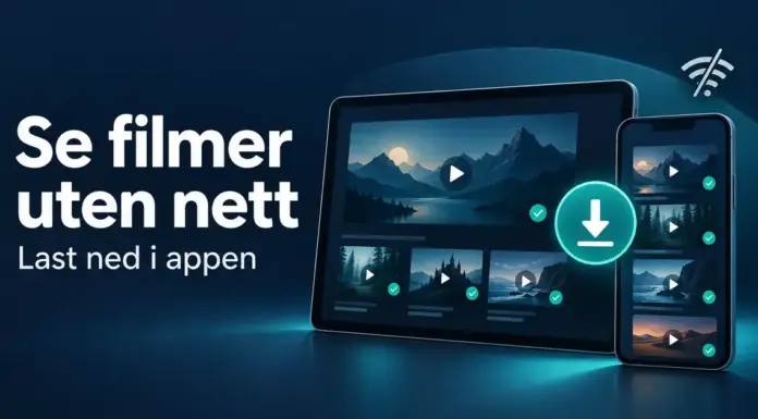 Slik laster du ned filmer og serier fra Disney+ for offline-visning Illustrasjon av et nettbrett og en mobil med nedlastede filmer, et nedlastingssymbol og teksten «Se filmer uten nett – Last ned i appen».