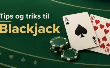 Tips og triks til Blackjack Spar ess og hjerter ti ligger sammen med sjetonger på et grønt spillebord ved siden av teksten «Tips og triks til Blackjack».